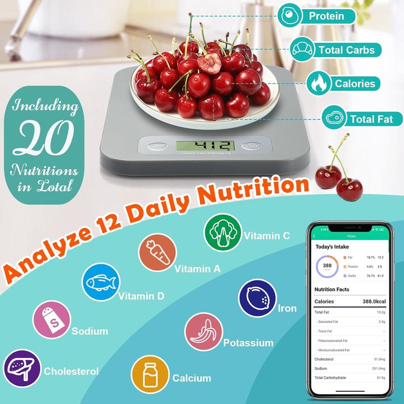 URAMAZ Smart Food Scale for Calorie Counting, Digital Food Scale with Nutritional Calculator, Bluetooth Food Weight Scale for Weight Loss, Diabetics, Macro, Diet, Baking 3g-5kg, 0.1oz - Image 2